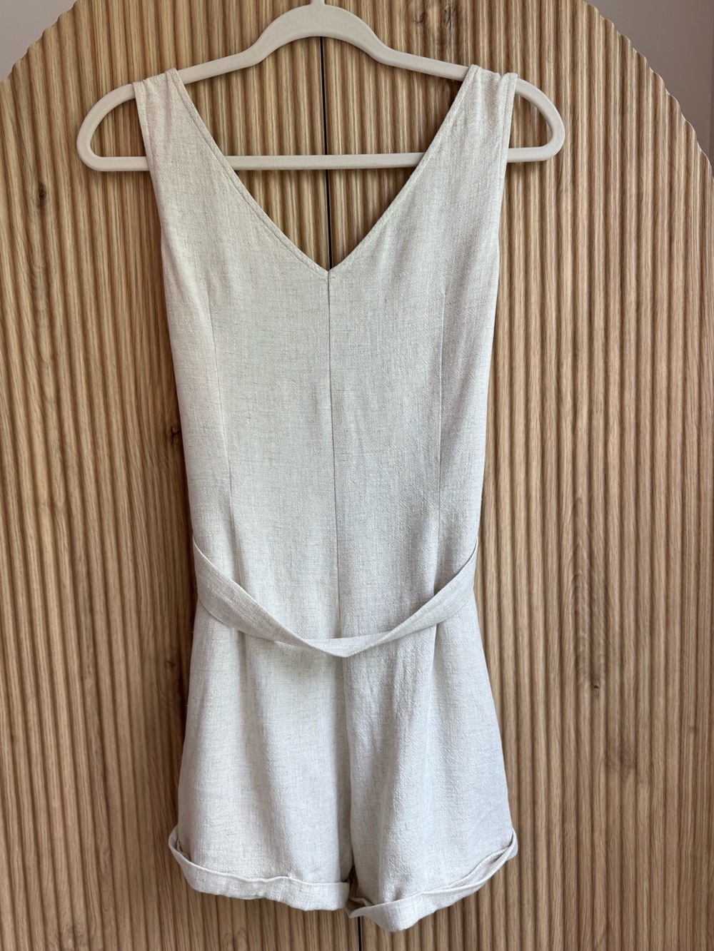 Adibosy Linen-Blend Button Front Romper with Tie-Waist in Natural/Oatmeal - Picture 3 of 6